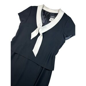 Vintage Black White Tie Front Peplum Midi Dress Size 14 Short Sleeve